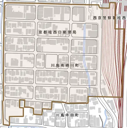 川島有栖川町とその周辺の地図。町の範囲を重ねている