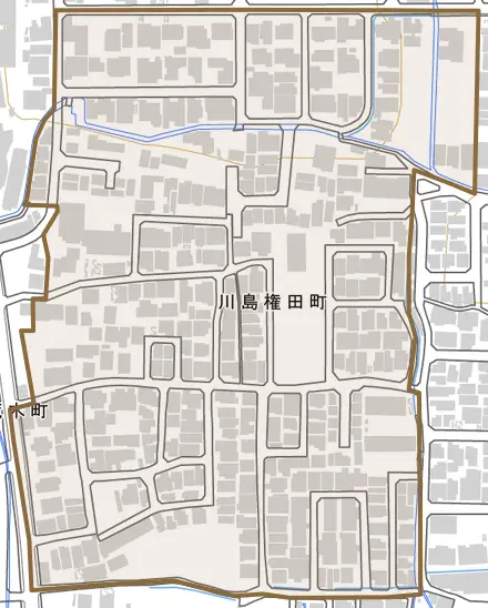 川島権田町とその周辺の地図。町の範囲を重ねている