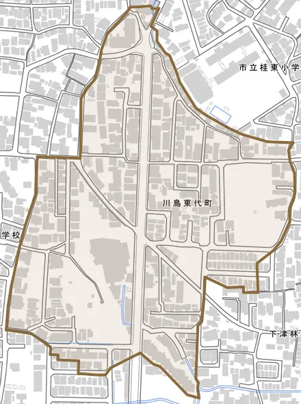 川島東代町とその周辺の地図。町の範囲を重ねている