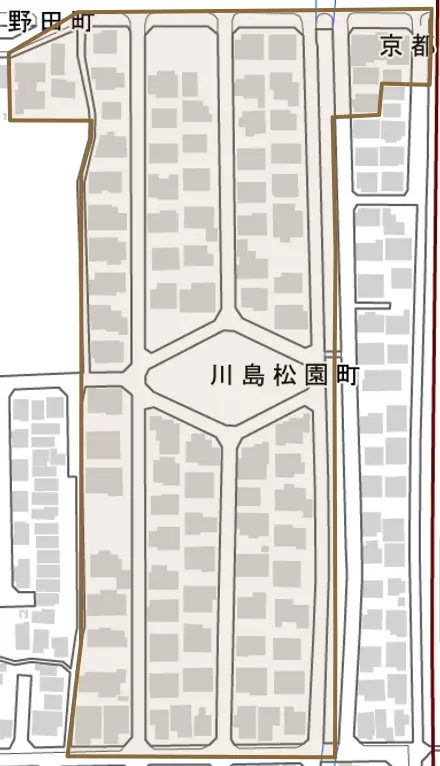 川島松園町とその周辺の地図。町の範囲を重ねている