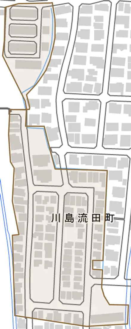 川島流田町とその周辺の地図。町の範囲を重ねている