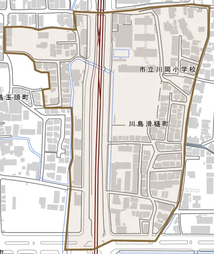川島滑樋町とその周辺の地図。町の範囲を重ねている