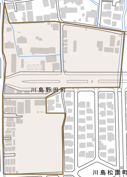 川島野田町とその周辺の地図。町の範囲を重ねている