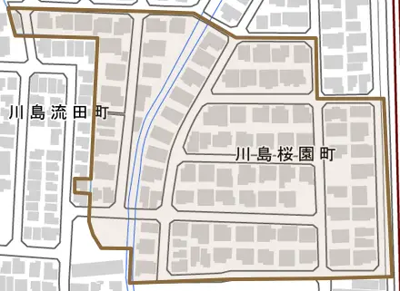 川島桜園町とその周辺の地図。町の範囲を重ねている