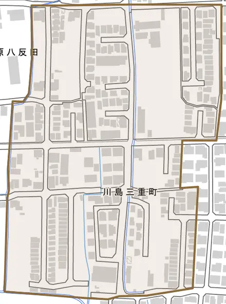 川島三重町とその周辺の地図。町の範囲を重ねている