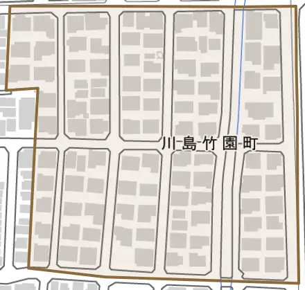 川島竹園町とその周辺の地図。町の範囲を重ねている