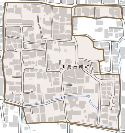 川島玉頭町とその周辺の地図。町の範囲を重ねている