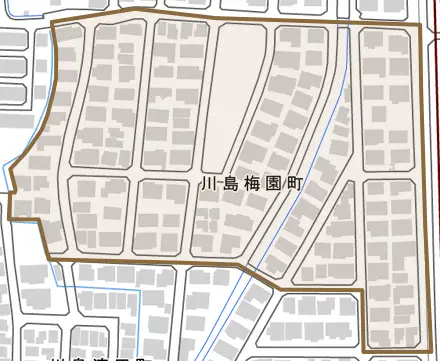 川島梅園町とその周辺の地図。町の範囲を重ねている