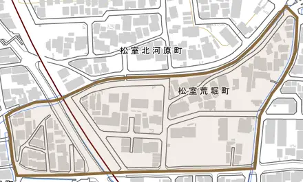 松室荒堀町とその周辺の地図。町の範囲を重ねている