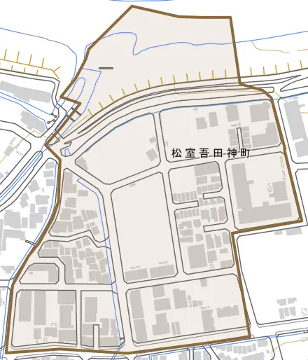 松室吾田神町とその周辺の地図。町の範囲を重ねている