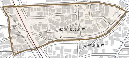 松室北河原町とその周辺の地図。町の範囲を重ねている