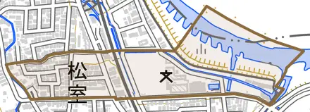 松室中溝町とその周辺の地図。町の範囲を重ねている