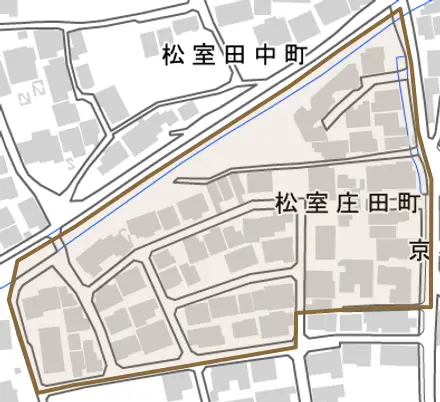 松室庄田町とその周辺の地図。町の範囲を重ねている
