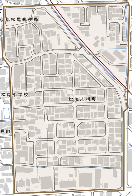松尾大利町とその周辺の地図。町の範囲を重ねている