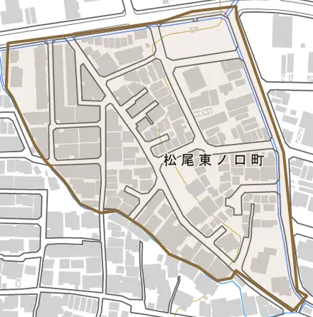 松尾東ノ口町とその周辺の地図。町の範囲を重ねている