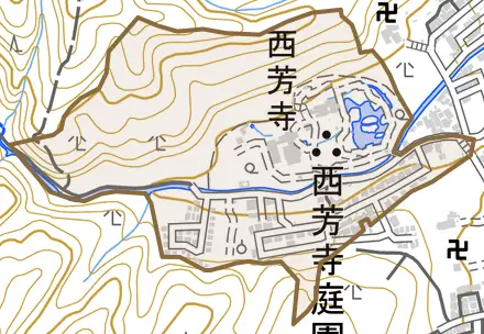 松尾神ケ谷町とその周辺の地図。町の範囲を重ねている