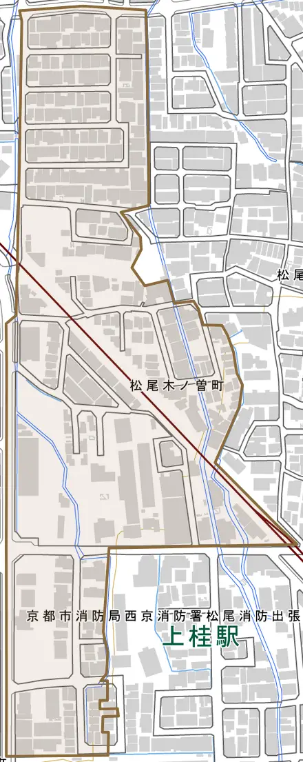 松尾木ノ曽町とその周辺の地図。町の範囲を重ねている