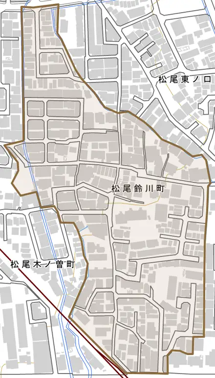 松尾鈴川町とその周辺の地図。町の範囲を重ねている