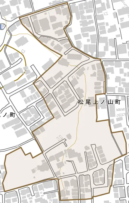 松尾上ノ山町とその周辺の地図。町の範囲を重ねている