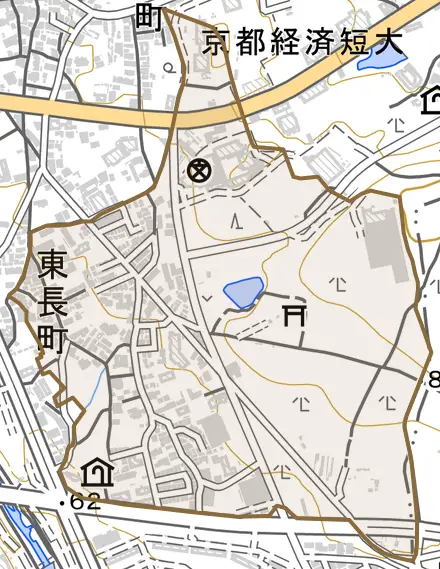 大枝東長町とその周辺の地図。町の範囲を重ねている