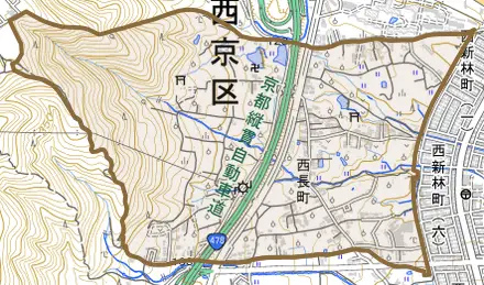 大枝西長町とその周辺の地図。町の範囲を重ねている