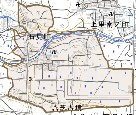 大原野石見町とその周辺の地図。町の範囲を重ねている