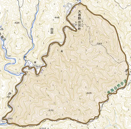 大原野出灰町とその周辺の地図。町の範囲を重ねている