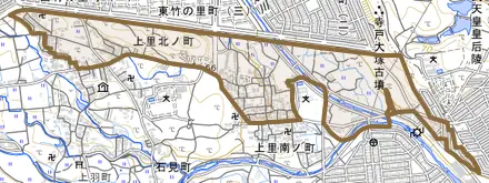 大原野上里北ノ町とその周辺の地図。町の範囲を重ねている