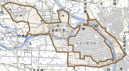 大原野上里南ノ町とその周辺の地図。町の範囲を重ねている