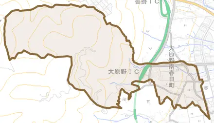 大原野北春日町とその周辺の地図。町の範囲を重ねている