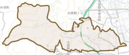 大原野南春日町とその周辺の地図。町の範囲を重ねている