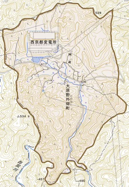 大原野外畑町とその周辺の地図。町の範囲を重ねている