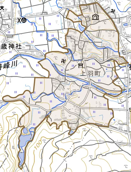 大原野上羽町とその周辺の地図。町の範囲を重ねている