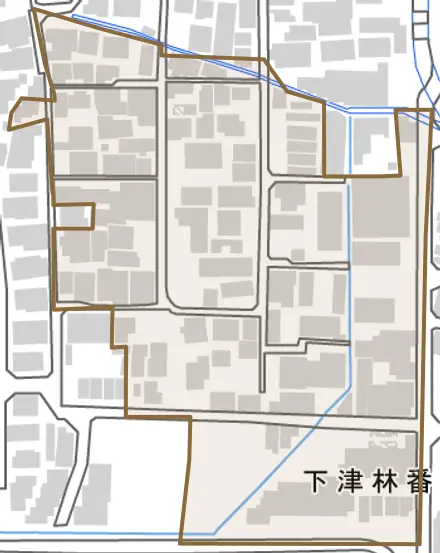 下津林番条とその周辺の地図。町の範囲を重ねている