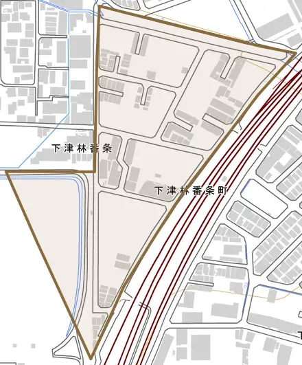 下津林番条町とその周辺の地図。町の範囲を重ねている