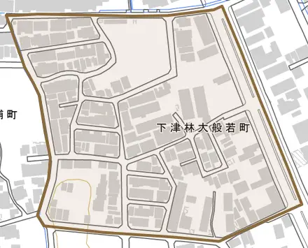 下津林大般若町とその周辺の地図。町の範囲を重ねている