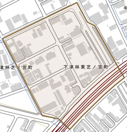 下津林東芝ノ宮町とその周辺の地図。町の範囲を重ねている