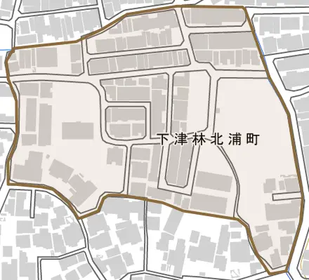 下津林北浦町とその周辺の地図。町の範囲を重ねている
