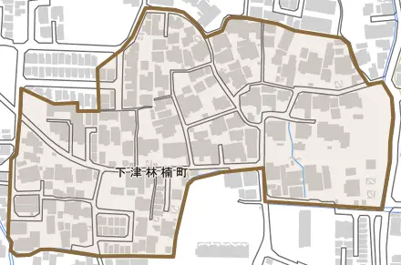 下津林楠町とその周辺の地図。町の範囲を重ねている