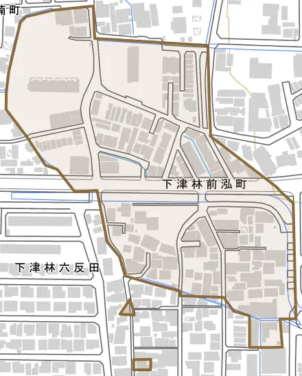 下津林前泓町とその周辺の地図。町の範囲を重ねている