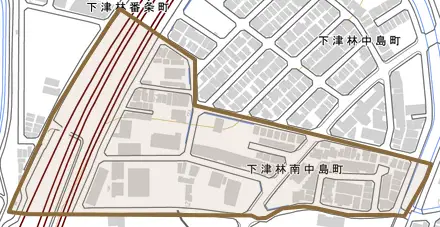 下津林南中島町とその周辺の地図。町の範囲を重ねている