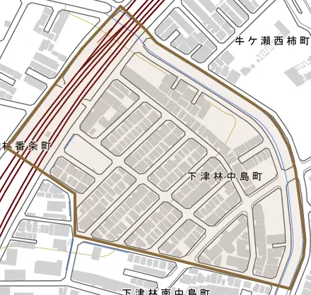 下津林中島町とその周辺の地図。町の範囲を重ねている