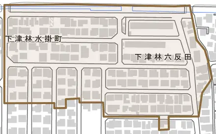 下津林六反田とその周辺の地図。町の範囲を重ねている