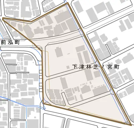 下津林芝ノ宮町とその周辺の地図。町の範囲を重ねている