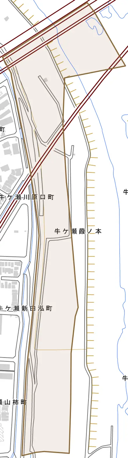 牛ケ瀬葭ノ本とその周辺の地図。町の範囲を重ねている