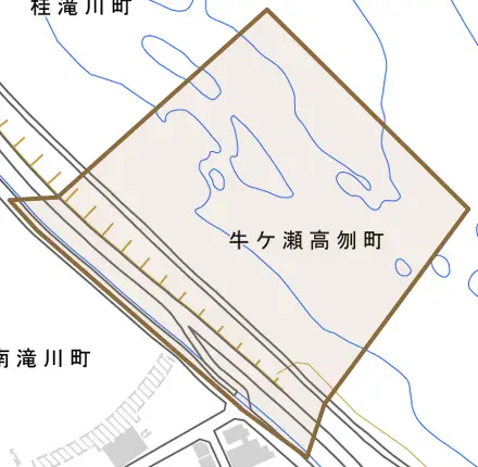 牛ケ瀬高刎町とその周辺の地図。町の範囲を重ねている