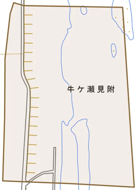 牛ケ瀬見附とその周辺の地図。町の範囲を重ねている