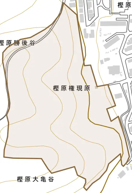 樫原権現原とその周辺の地図。町の範囲を重ねている