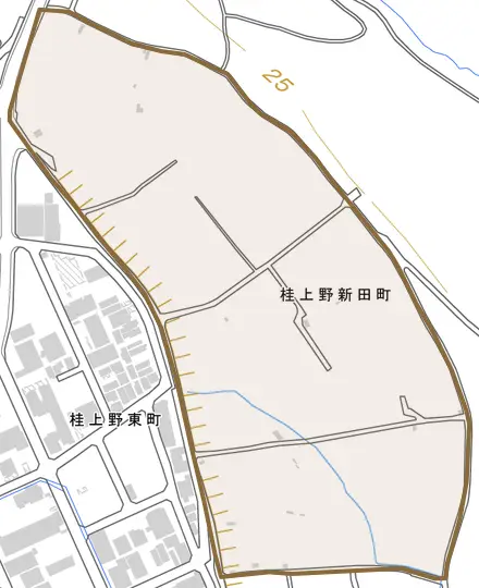 桂上野新田町とその周辺の地図。町の範囲を重ねている