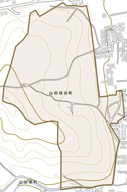 山田桜谷町とその周辺の地図。町の範囲を重ねている